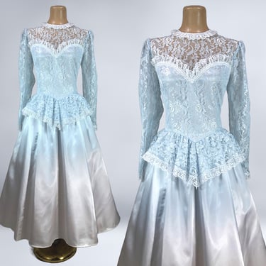 VINTAGE 80s Ice Blue Lace Illusion Prom Dress By Jessica McClintock for Gunne Sax Sz 11 | 1980s Sheer Lace Cottage Peplum Formal Dress | VFG 