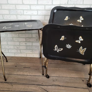 Set of 4 Black Butterfly TV Trays with Storage Rack 