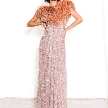 Ruben Panis Ostrich Feather Trimmed Gown