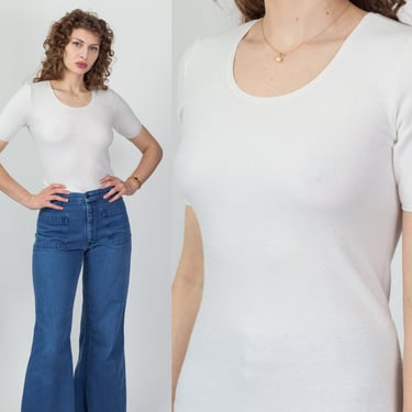 80s Fitted White Soft Knit Shirt - Medium | Vintage Plain Short Sleeve Cotton Blend Top 