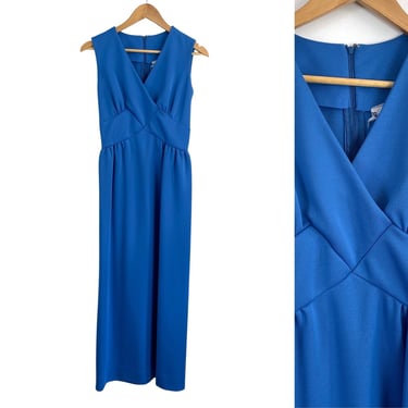 Vintage 1970s Leslie Fay party dress - sleeveless ankle long dress - blue evening party dress - size XS 