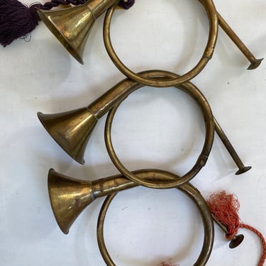 Vintage Decorative Brass French Horns, Set Of 3, Small Size, Christmas Decor, Assemblage, Made In Korea 