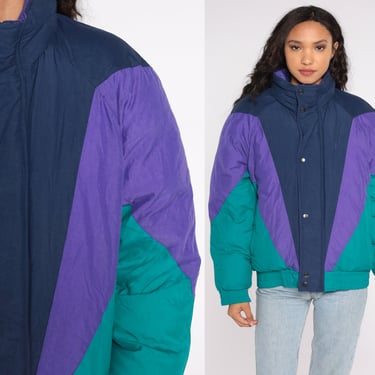 Colorblock Puffer Jacket 80s Ski Jacket Retro Striped Puffy Coat Winter Color Block Blue Green Purple 1980s Funnel Neck Vintage Puff Small S 