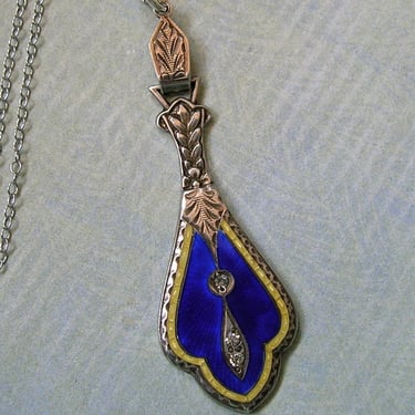Antique Art Deco 1920's Sterling Enamel Pendant Necklace and Chain; Antique Guilloche Enamel Pendant Necklace, Deco Enamel Necklace (#4215) 