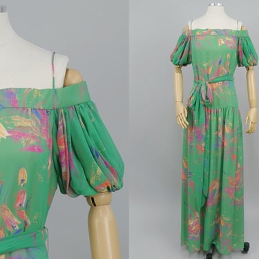 Vintage 1970s Green Watercolor Drop Waist Dress by David Morris, 70s Off The Shoulder Dress, Vintage Formal Wear, Size XS by Mo