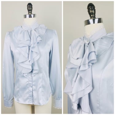 1980s Vintage Silky Ice Grey Blouse / 80s / Eighties Ruffled Bib Button Front Prairie Shirt / Small - Medium 