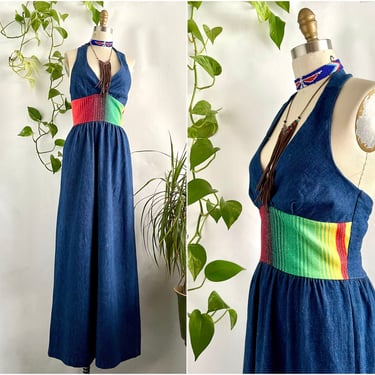 GOOD JEANS Vintage 70s Dark Denim Jean Halter Dress | 1970s Long Maxi Sundress w/Southwest Tapestry | Boho Hippie Disco Sun Dress | Sz Small 