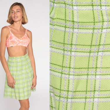Plaid Mini Skirt Lime Green Tweed Skirt High Waisted 70s School Girl Preppy Checkered Clueless 60s Vintage A Line Flared Extra Small xs 0 