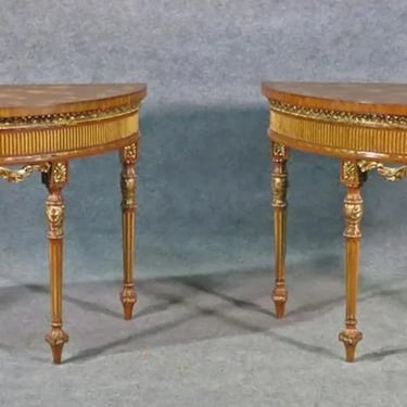 Pair Adams Style Inlaid Carved Walnut Maitland Smith Demilune Console Tables