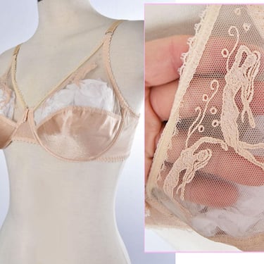 70's MERMAID Bra Vintage Warner - Not Sold In USA- 38B Sexy Underwire Sheer Lace Embroidered Swimming Pinup Girls 1970's, 80's 