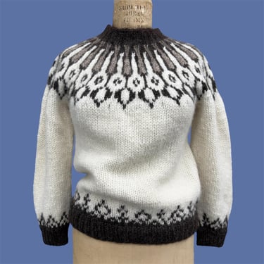 Vintage Sweater Retro 1960s Hilda Ltd + Ladies + Size Small + Hand Knit + Fair Isle + Icelandic Wool + Ivory and Brown + Womens Apparel 