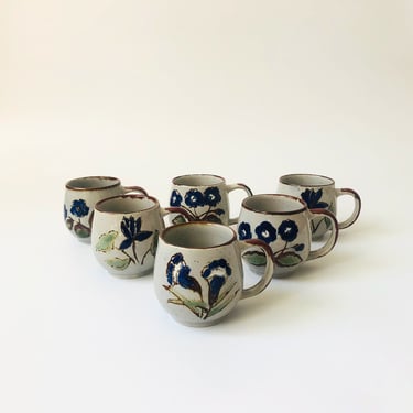 Vintage Hand Painted Floral Pottery Mugs 