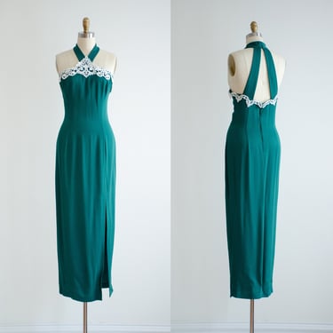 long green gown 80s 90s vintage Jessica McClintock low back halter prom dress 