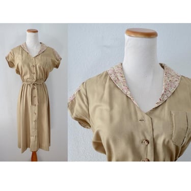 Vintage 70s Boho Midi Dress - Beige & Floral Short Sleeve Button Front Spring Summer Dress - Size Small 