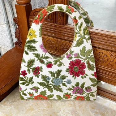 Vintage Purse Retro 1970s Mid Century + Floral Print + Tapestry Carpet Bag + Top Handle Bag + Pastels + Womens Accessory 