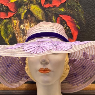 vintage wide brim sun hat 1950s purple straw flower sunhat 