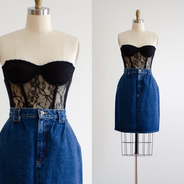 denim mini skirt 90s vintage short dark wash blue jean skirt 