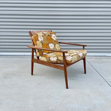 Mid Century Walnut Cane Lounge Chair Styled After Hans Olsen 