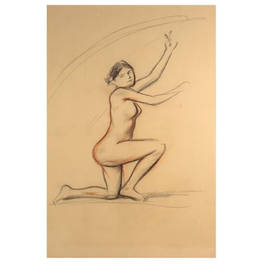 Original JEAN-LOUIS FORAIN Pencil on Paper Drawing, Nude Woman Kneeling on One Knee Art 