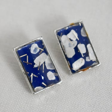 1960s Blue Rectangle Shell Confetti Clip Earrings 