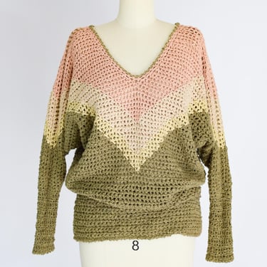 Vintage 1980s Hand-Crocheted Silk Sweater | M | 80s Pastel Knit Slouchy Pullover V-Neck 