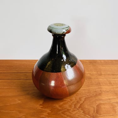 Vintage studio pottery bottle with crackle glass stopper / black and red ceramic decanter / boho modern handmade decor 