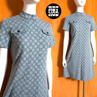 Chic Vintage 60s 70s Heathered Blue Polka Dot Knit Mod Dress by Miss Kitty 