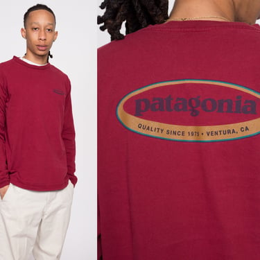 Vintage Patagonia Long Sleeve T Shirt - Men's Medium | 90s Y2K Wine Red Cotton Logo Graphic Tee 