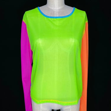 Y2K Color Block Mesh Top- Dance Costume- Rave Top- Music Festival- See Through Shirt 