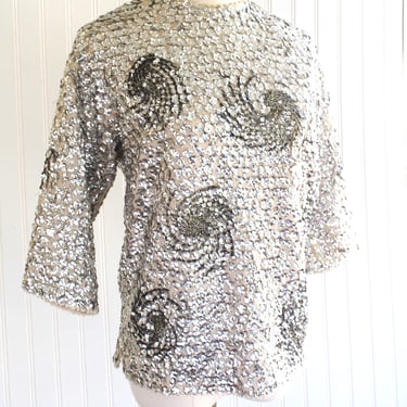1960 -SPARKLER - Silver Sequin Sweater - Sequins on Wool - Silver - Estimated size S/M - by Jeri-Jo 