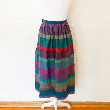 70s Dark Gem Toned Rainbow Striped Cotton A-Line Skirt | XXS/Extra Small/24" Waist 