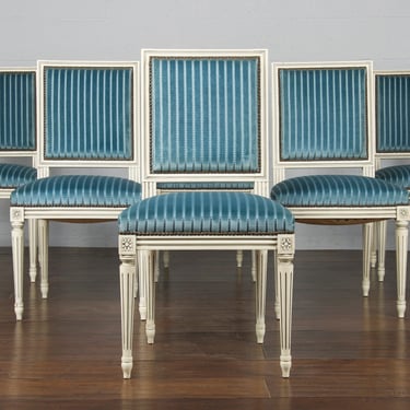 Antique French Louis XVI Style Square Back Blue Velvet Painted Dining Chairs - Set of 6 