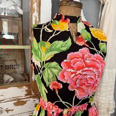 Vintage 60s Black Hostess Floral Maxi Dress Keyhole Neckline Tank Sleeves; 70s Summer Hostess Dress; 60s Evening Wear Dress Cocktail L 