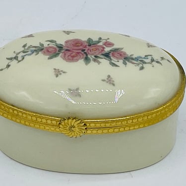 Lenox Hinged Porcelain OVAL TRINKET BOX w/ Pink Roses & Gold Trim Vintage 