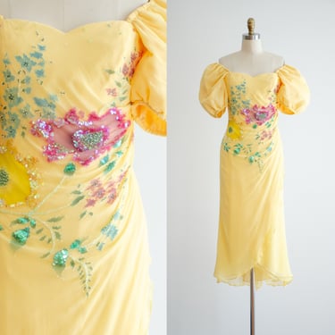 yellow silk dress 90s y2k vintage silk chiffon floral beaded puff sleeve off shoulder midi dress 