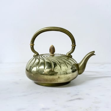 Antique Brass Tea Kettle Secessionist by Gorham Co Art Nouveau Design Circa 1900 Swirled Repousse V44 Silverplate Tea Pot Wood Finial 