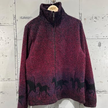 L 90s Horse fleece jacket full zip printed fleece red black 