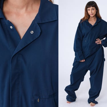 Navy Jumpsuit 90s Key Coveralls Long Sleeve Blue Boilersuit Workwear Boiler Suit One Piece Pant Work Wear Vintage 1990s Men's 54 3xl 