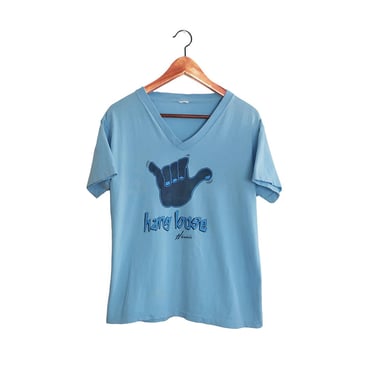 Hang Loose shirt / Hawaii t shirt / 1980s light blue Hang Loose Hawaii Shaka v neck t shirt Medium 