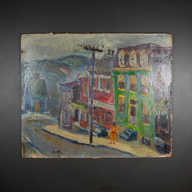 J.W. STREET SCENE, OIL ON CANVAS/MASONITE SIGNED C1940