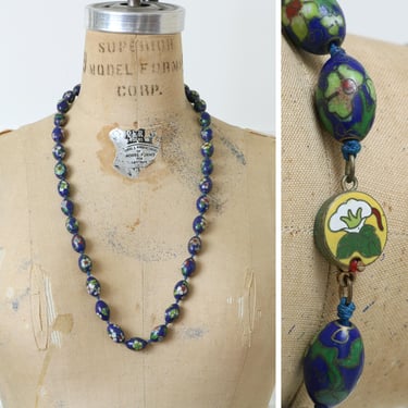 antique Chinese cloisonné beaded necklace • hand knotted blue flower enamel long necklace with lotus clasp 