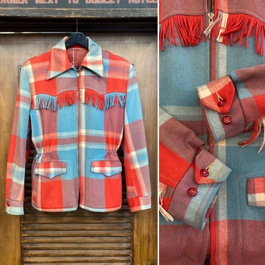 Vintage 1950’s Siesta Fringe Plaid Wool Cowboy Rockabilly Jacket, 50’s Western Wear, Vintage Clothing 