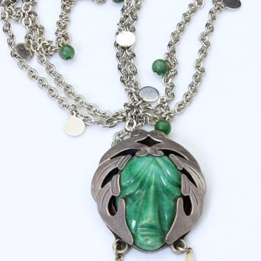 Vintage Taxco Green Carved Jade God Head Face Sterling Silver Pendant Necklace 