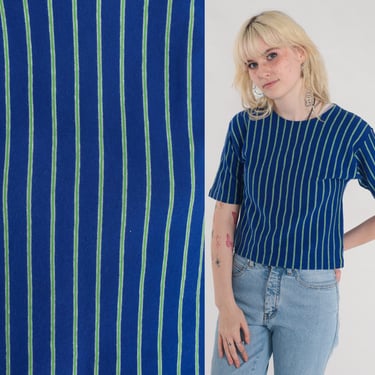 Striped Crop Top 90s Blue Cropped T-Shirt Boxy Tee Retro Casual Summer Shirt Short Sleeve Cotton Green Vertical Stripes Vintage 1990s Medium 