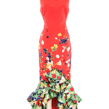 Oscar de la Renta Floral Printed Silk Ruffle Gown