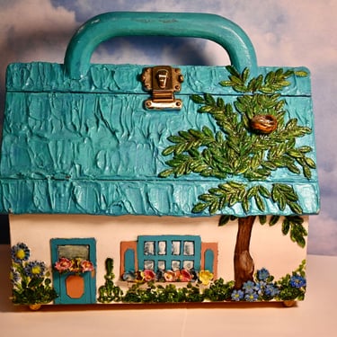 Handmade with intricate detailing wooden cottage purse 