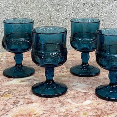 Vintage Wine Glasses Retro 1960s Mid Century Modern + Blue Glass + Set of 4 Matching + Sippers + Dessert + Sherry + Goblets + MCM Barware 