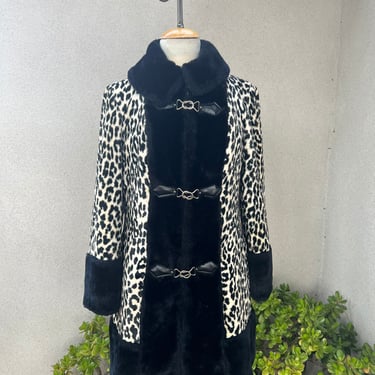 Vintage Mod leopard print faux fur jacket black and white pockets Sz small 