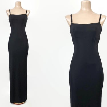 VINTAGE 90s Black Stretch Long Slip Dress with Adjustable Straps by City Triangles | 1990s Body Con Formal Cocktail Party Dress VFG 