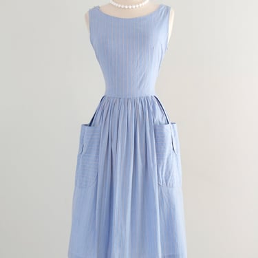 Adorable Vintage 1950's Baby Blue Chambray & Orange Pinstriped Cotton Dress / M